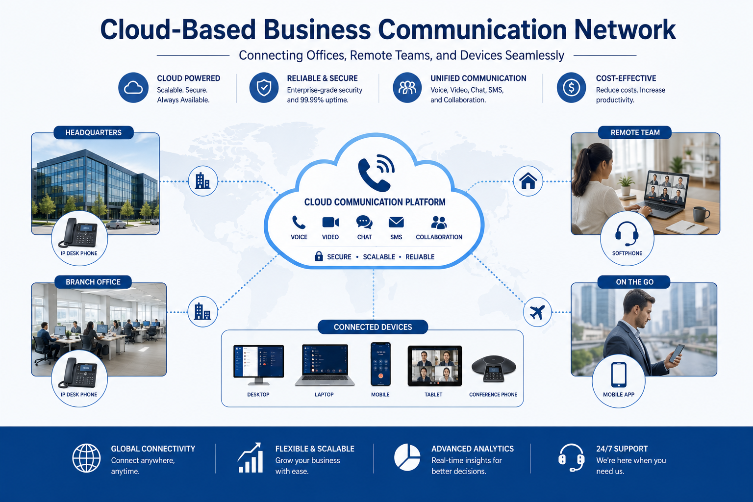 Cloud-based business communication network connecting offices, remote teams, and devices